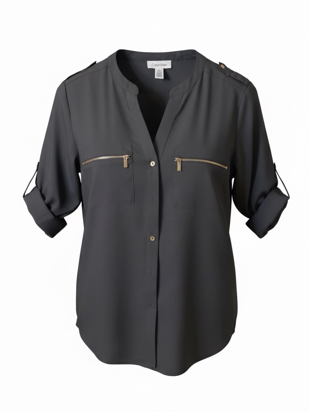 Calvin Klein Charcoal Button-Front Shirt with Gold Zipper Pockets
